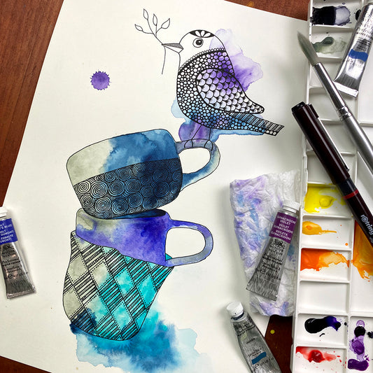 May '24 | Untangle with Watercolour | Paint n Sip | Doodling | Stacked Tea Cups